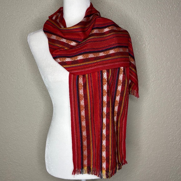 Red Blue Orange Peruvian Geometric Pattern Lightweight Woven Stripe Scarf Wrap - Picture 5 of 7